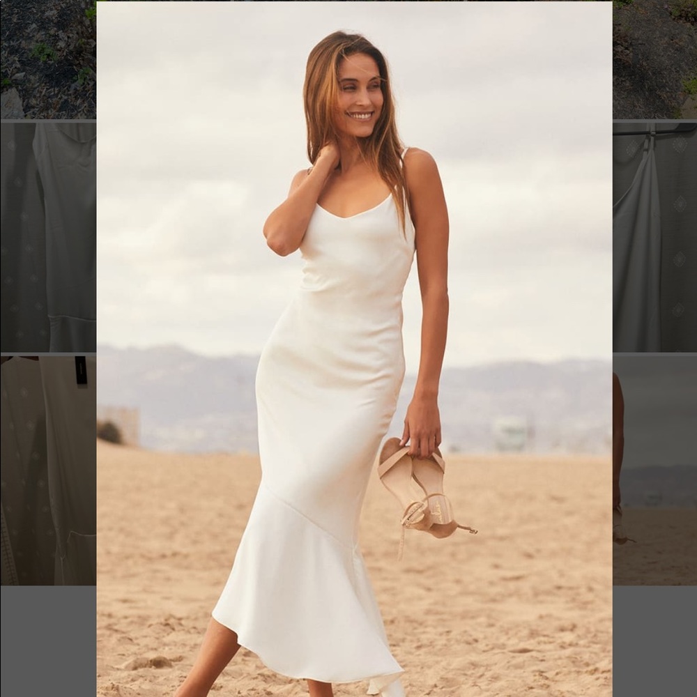 Lulu’s Strictly Romance White Satin Asymmetrical Tiered Midi Dress